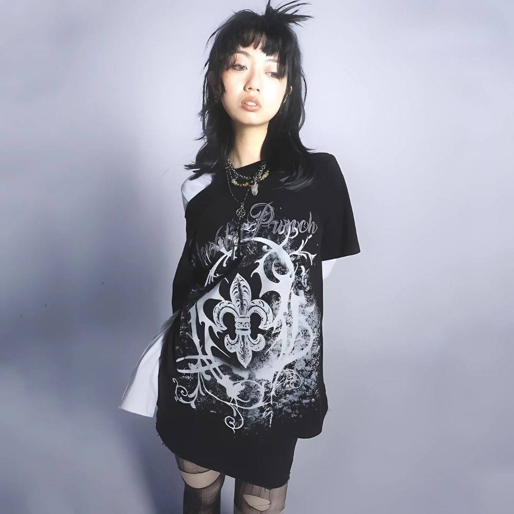 Black Gothic Floral Pattern Off Shoulder Women's Tee