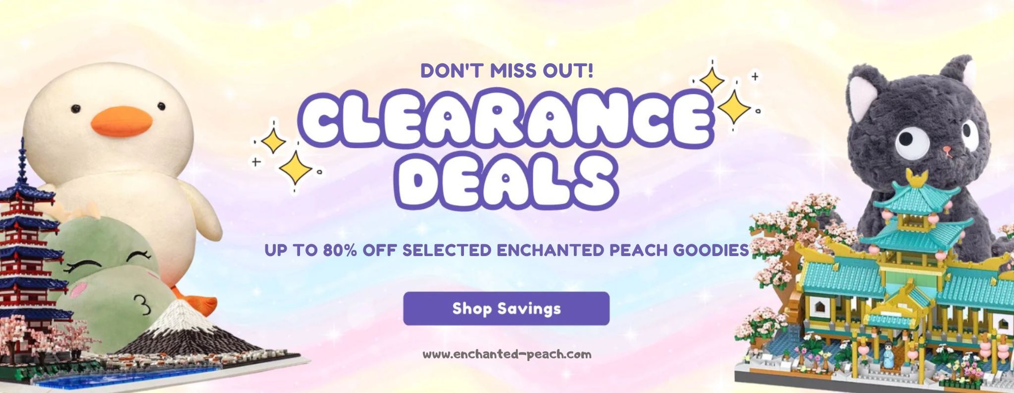 Kawaii plushies and pastel mini blocks on clearance β up to 80% off at Enchanted Peach