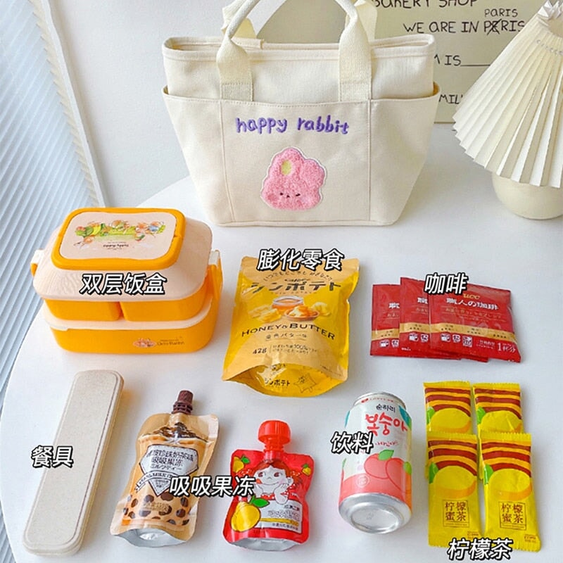 Cute Cherry & Bunny Canvas Lunch Bags-Enchanted peach