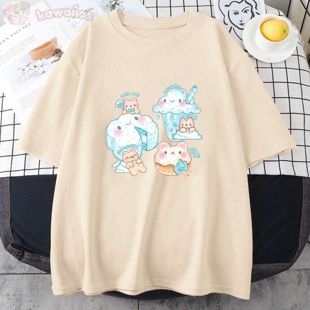 Kawaii Cloudy Snacking Brown Bear Unisex Tee-Enchanted peach