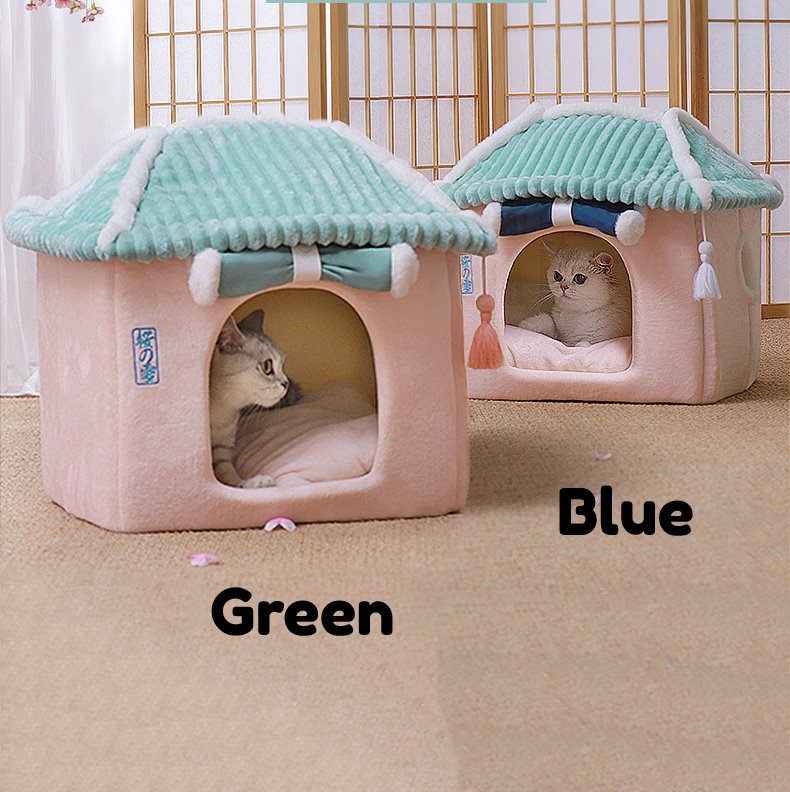 Sakura Temple Pink Green Shrine Cat Dog Bed Hideout House-Enchanted peach