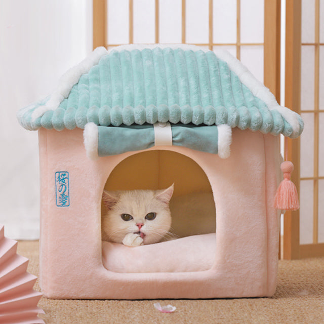 Sakura Temple Pink Green Shrine Cat Dog Bed Hideout House-Enchanted peach