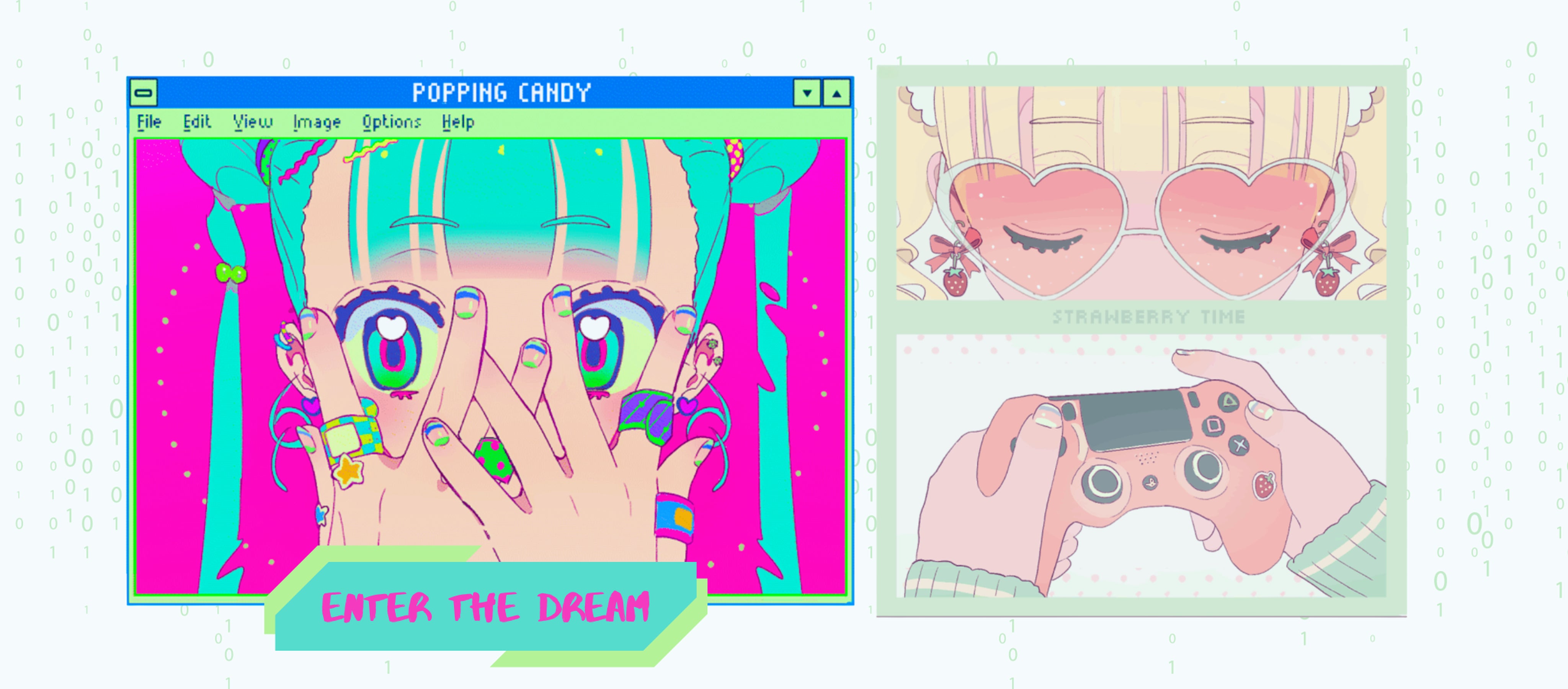 anime girl with turquoise hair and heart-shaped eyes in a retro pop-up window β Enter the Kawaii Dream by Enchanted Peach