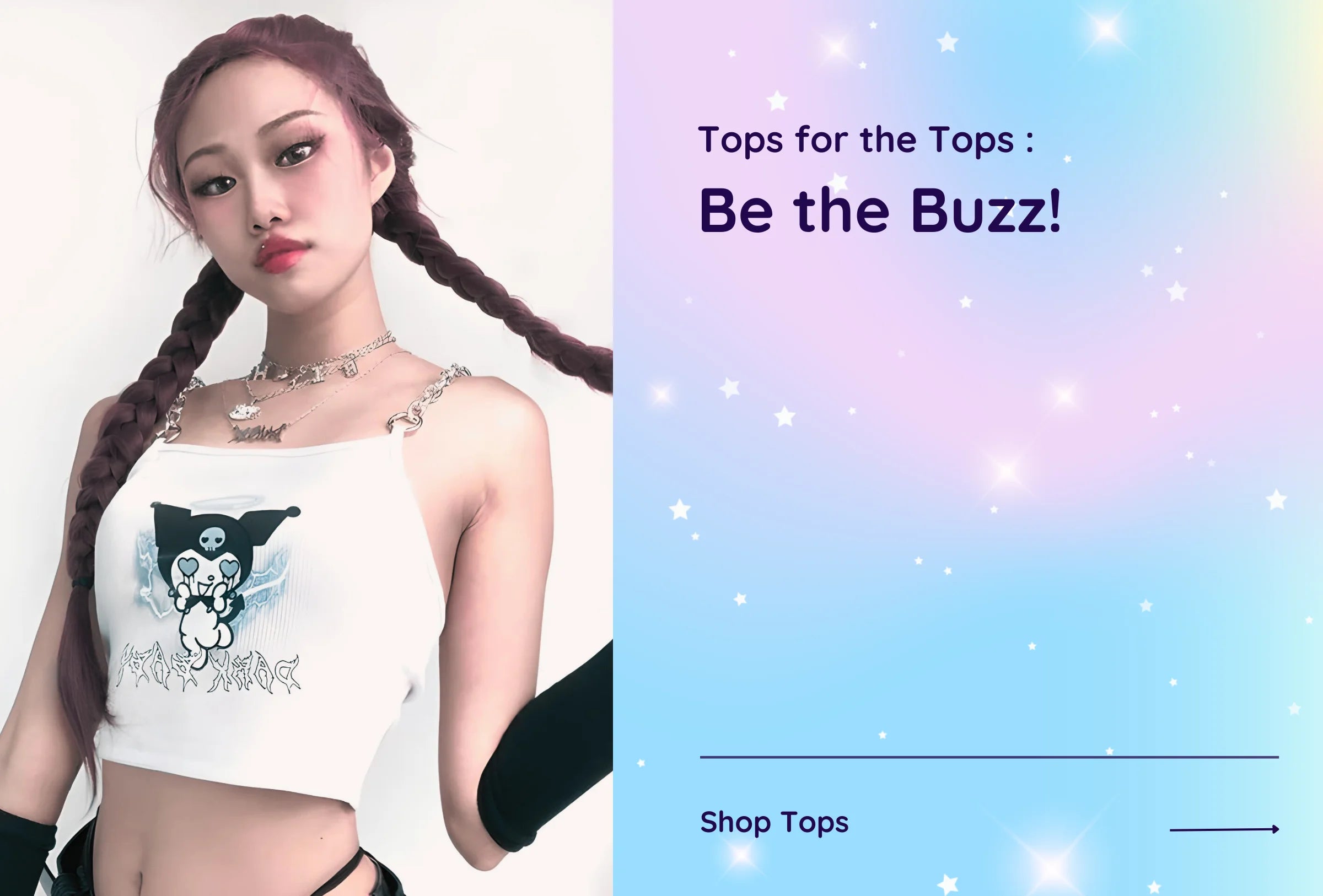 Model with braided hair wearing a Y2K Kuromi top β Be the Buzz by Enchanted Peach
