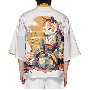 Anime Cat in Kimono Unisex Kimono Collection-Enchanted peach