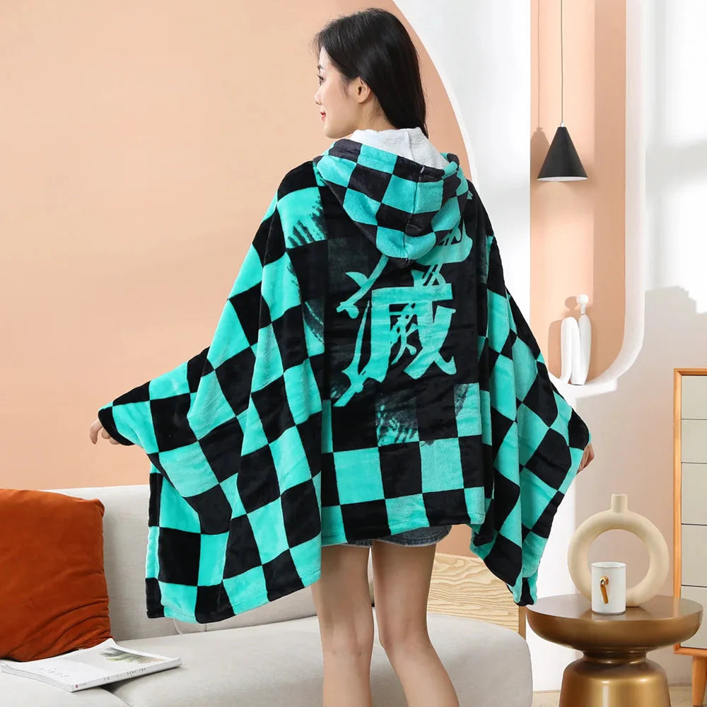 Anime Demon Slayer Hooded Cape Blanket-Enchanted peach