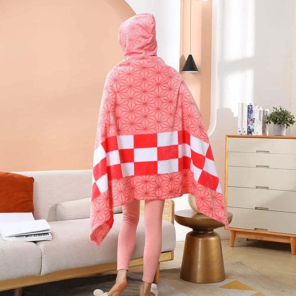 Anime Demon Slayer Hooded Cape Blanket-Enchanted peach