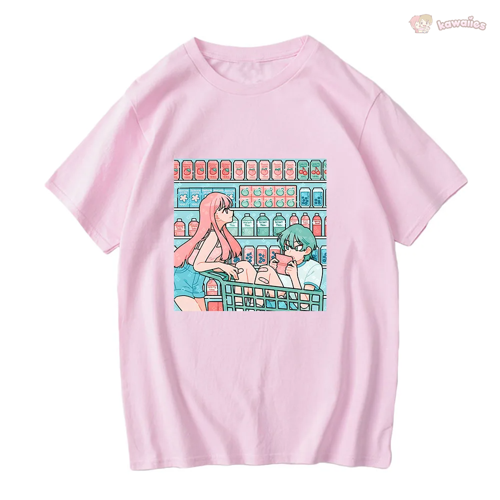 Anime Graphic Couple Shopping Unisex Tee-Enchanted peach