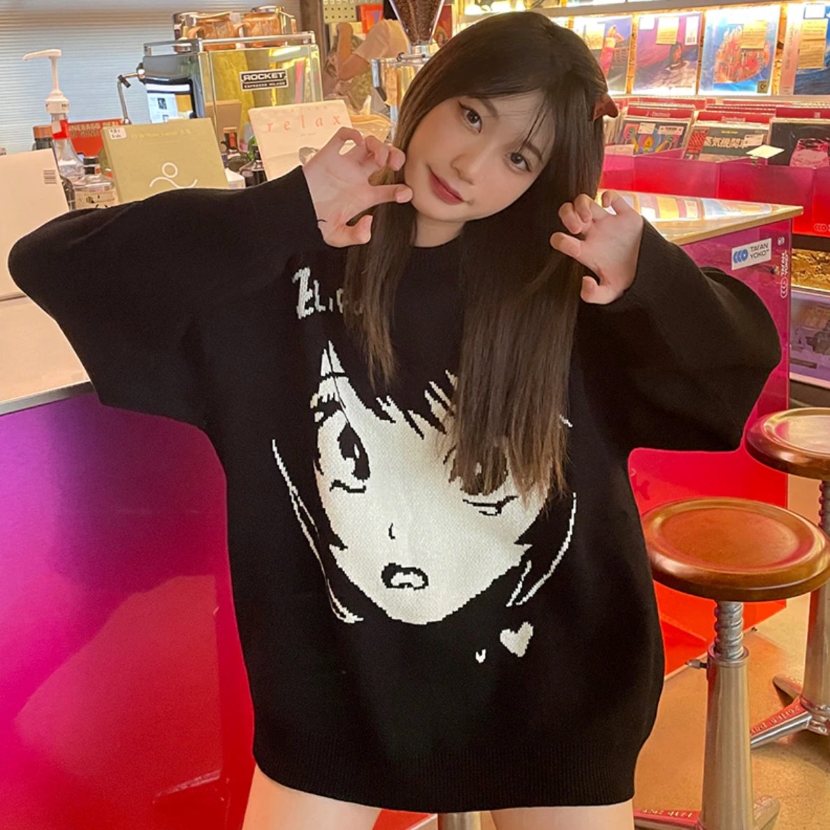 Anime Kawaii Girl Face Oversized Long Sleeve Streetwear-Enchanted peach