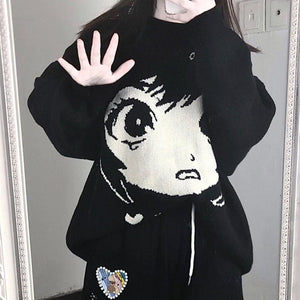 Anime Kawaii Girl Face Oversized Long Sleeve Streetwear-Enchanted peach