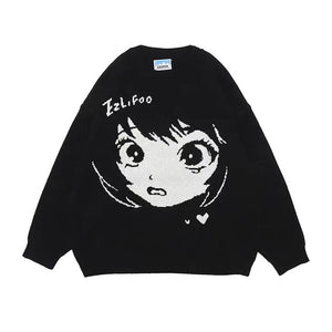 Anime Kawaii Girl Face Oversized Long Sleeve Streetwear-Enchanted peach