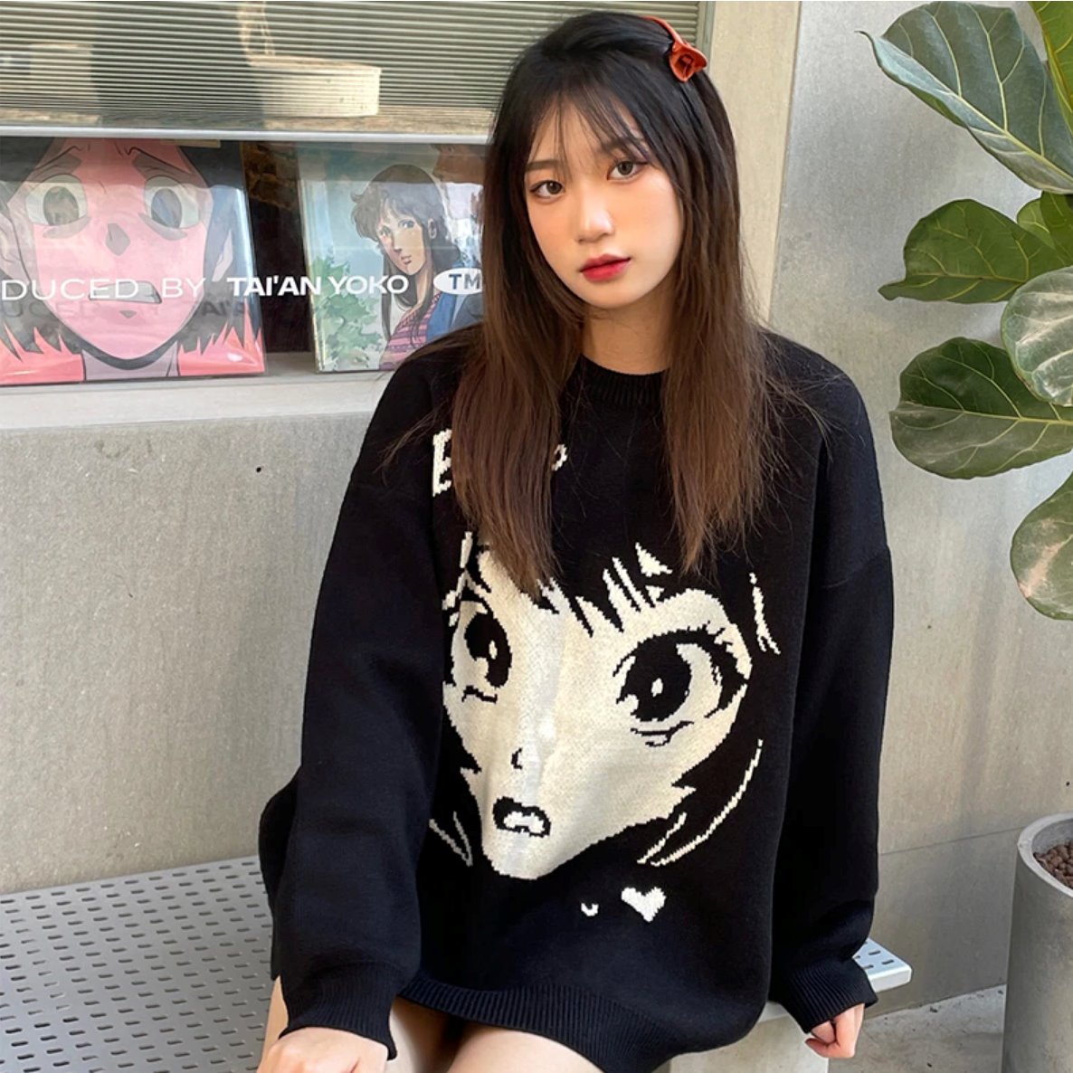 Anime Kawaii Girl Face Oversized Long Sleeve Streetwear-Enchanted peach