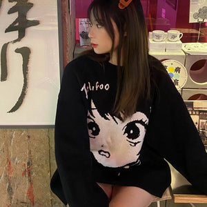 Anime Kawaii Girl Face Oversized Long Sleeve Streetwear-Enchanted peach