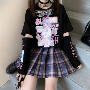 Anime Purple White Black E-girl Shooter Graphic Harajuku T Shirt & Arm Warmers-Enchanted peach