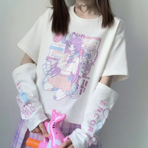 Anime Purple White Black E-girl Shooter Graphic Harajuku T Shirt & Arm Warmers-Enchanted peach