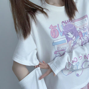 Anime Purple White Black E-girl Shooter Graphic Harajuku T Shirt & Arm Warmers-Enchanted peach