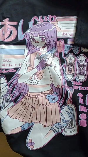 Anime Purple White Black E-girl Shooter Graphic Harajuku T Shirt & Arm Warmers-Enchanted peach