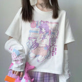 Anime Purple White Black E-girl Shooter Graphic Harajuku T Shirt & Arm Warmers-Enchanted peach