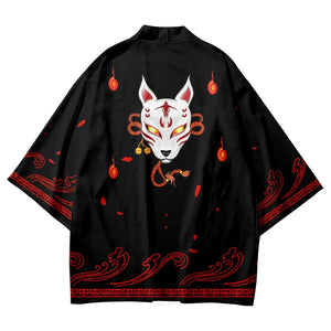 Anime White Fox Mask Black Red Unisex Kimono-Enchanted peach