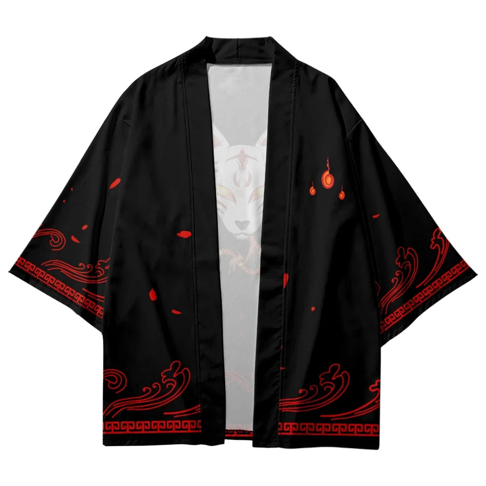 Anime White Fox Mask Black Red Unisex Kimono-Enchanted peach