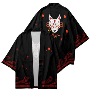 Anime White Fox Mask Black Red Unisex Kimono-Enchanted peach