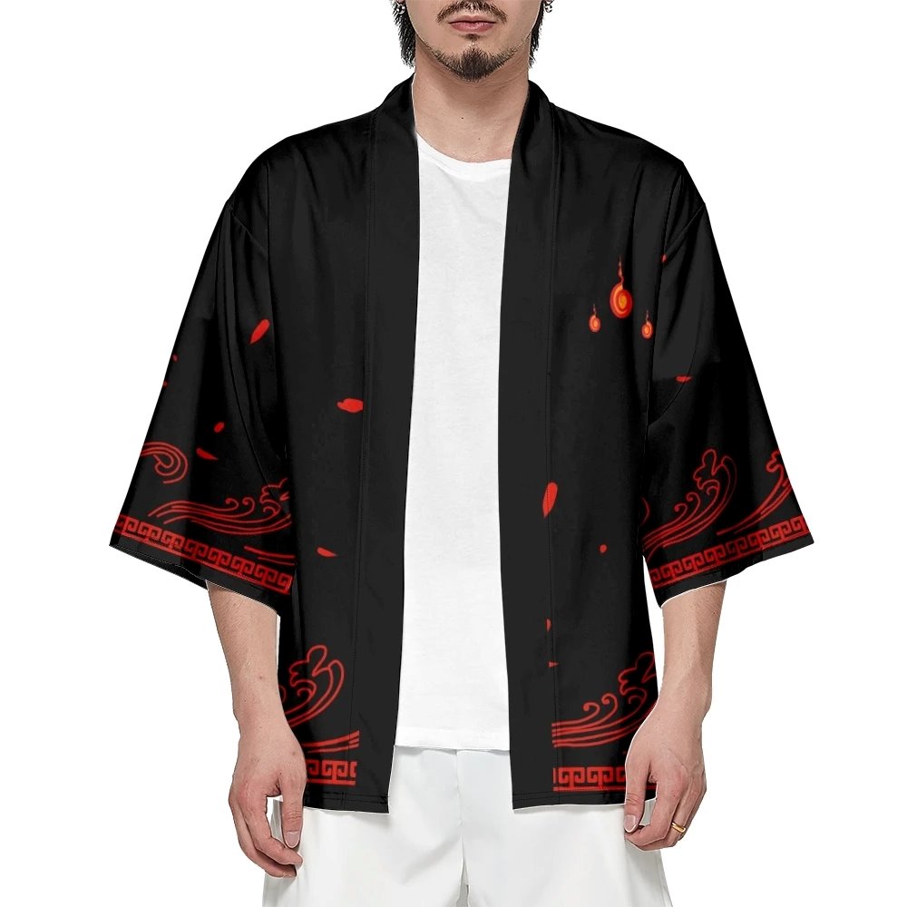 Anime White Fox Mask Black Red Unisex Kimono-Enchanted peach