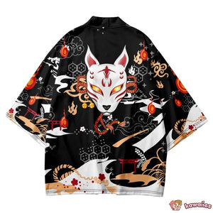 Anime White Fox Mask Pattern Unisex Kimono-Enchanted peach