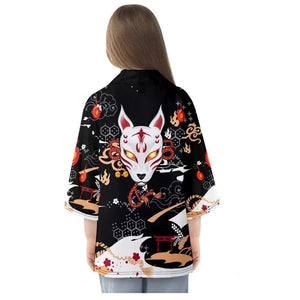 Anime White Fox Mask Pattern Unisex Kimono-Enchanted peach