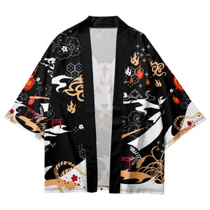 Anime White Fox Mask Pattern Unisex Kimono-Enchanted peach