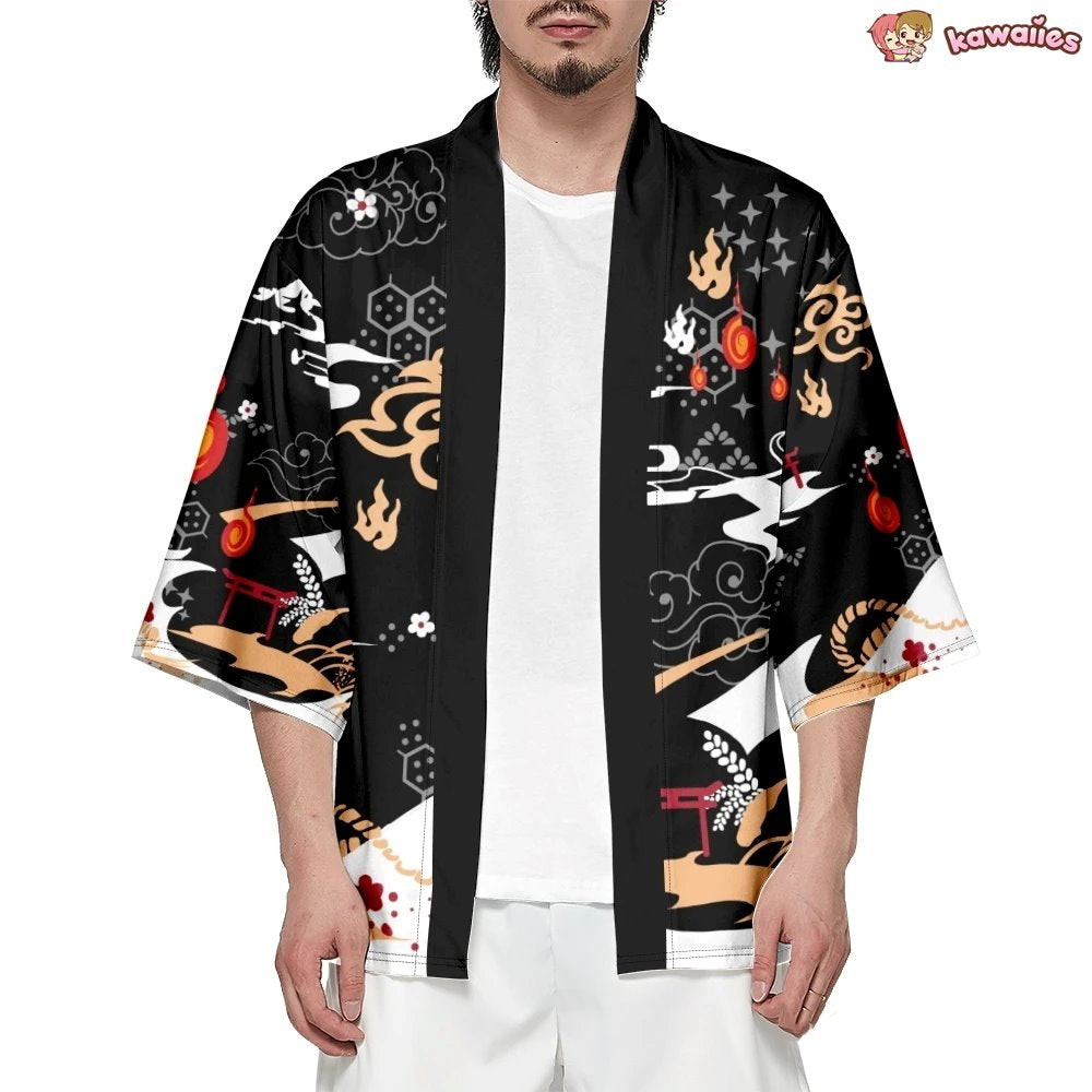 Anime White Fox Mask Pattern Unisex Kimono-Enchanted peach