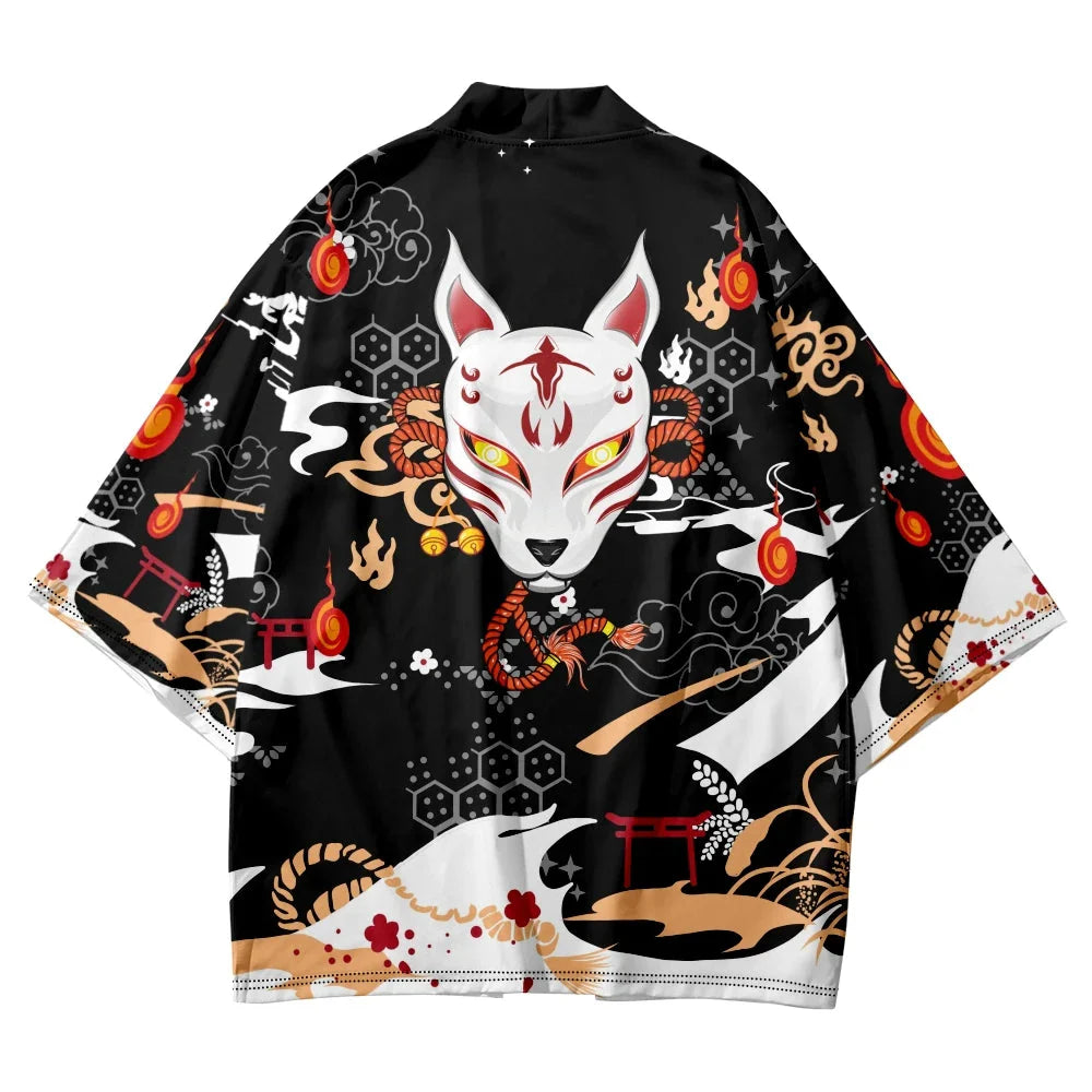 Anime White Fox Mask Pattern Unisex Kimono-Enchanted peach