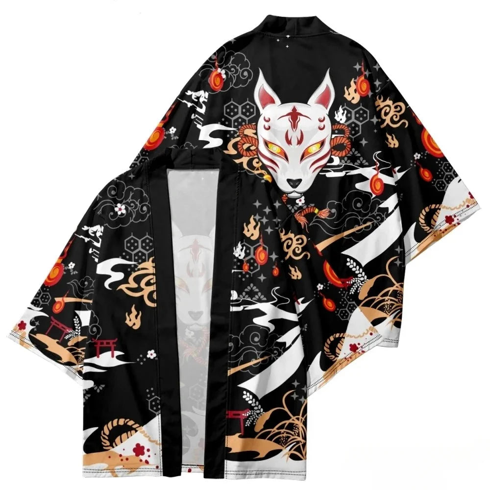 Anime White Fox Mask Pattern Unisex Kimono-Enchanted peach