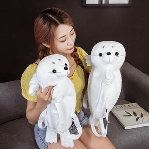 Baby White Seal Plush Backpack-Enchanted peach