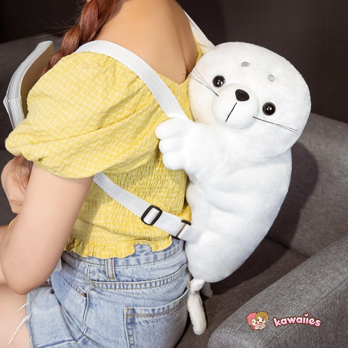 Baby White Seal Plush Backpack-Enchanted peach