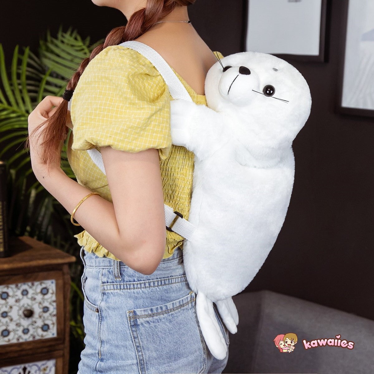 Baby White Seal Plush Backpack-Enchanted peach