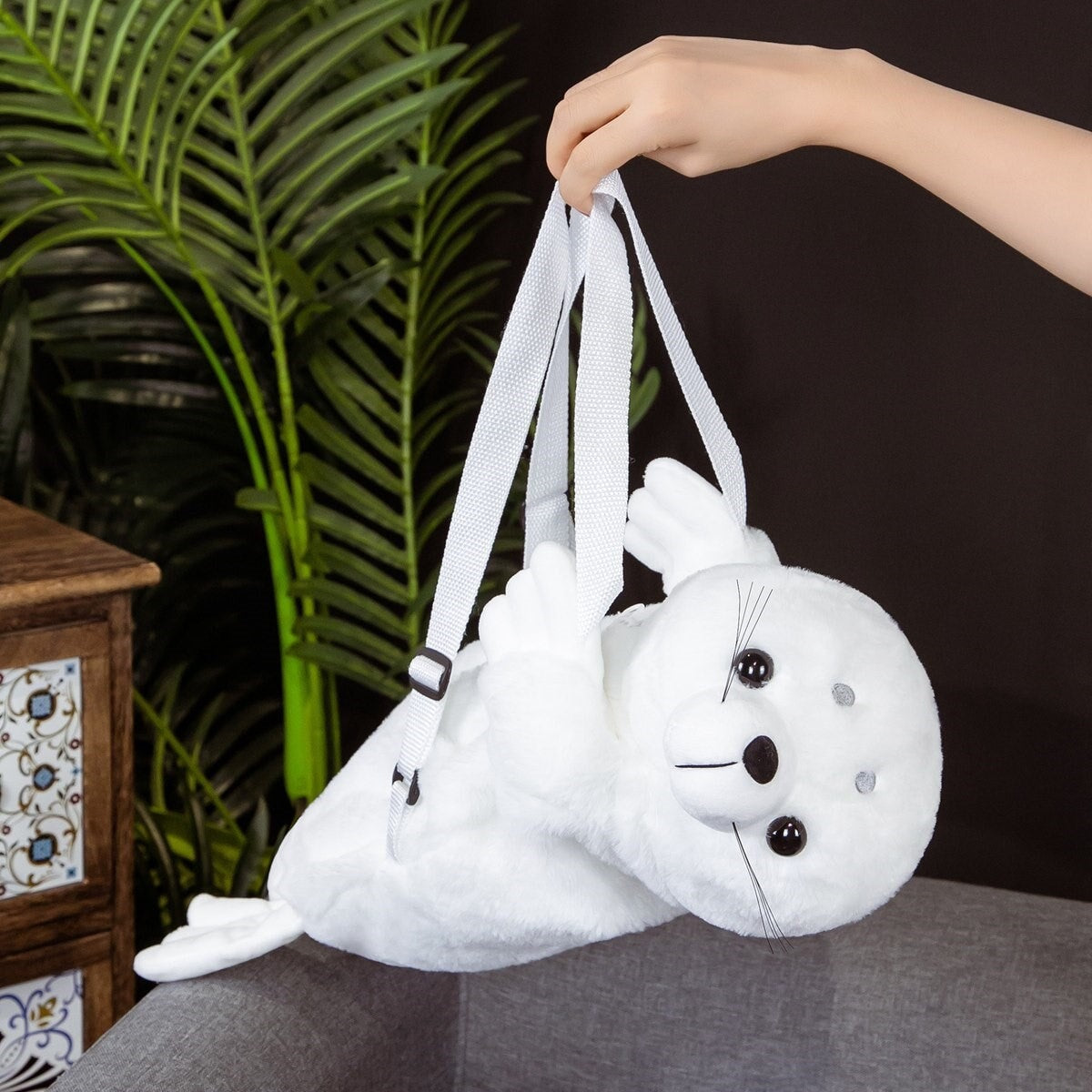 Baby White Seal Plush Backpack-Enchanted peach