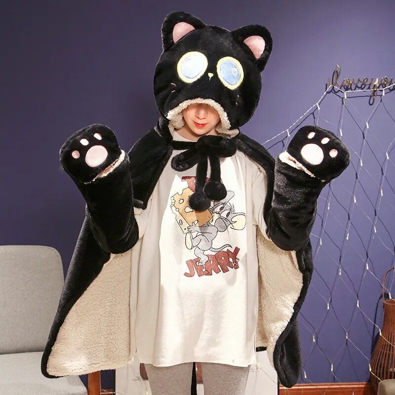 Black Cat Green Dino Plush Cape Hoodie Blanket-Enchanted peach