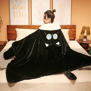 Black Cat Green Dino Plush Cape Hoodie Blanket-Enchanted peach