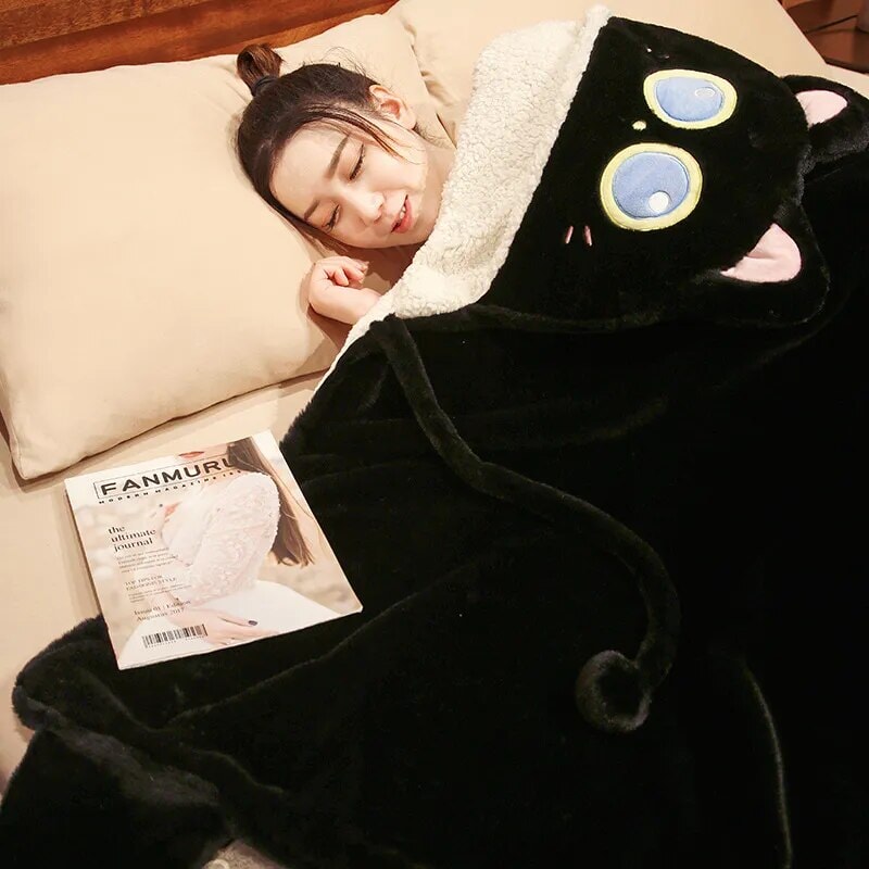 Black Cat Green Dino Plush Cape Hoodie Blanket-Enchanted peach