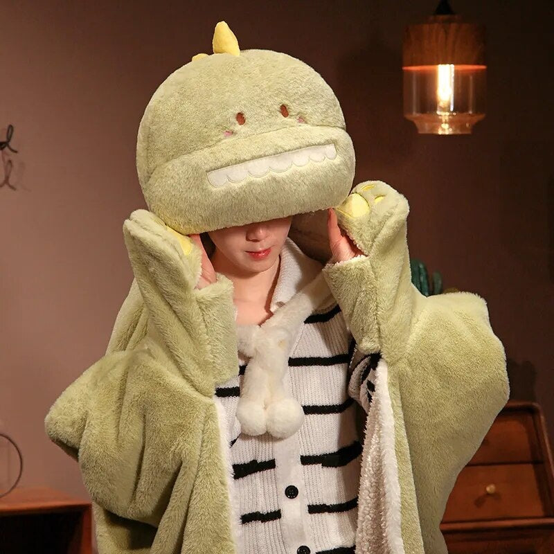 Black Cat Green Dino Plush Cape Hoodie Blanket-Enchanted peach