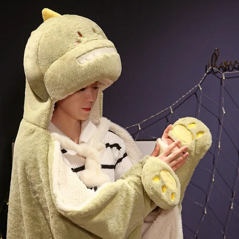 Black Cat Green Dino Plush Cape Hoodie Blanket-Enchanted peach