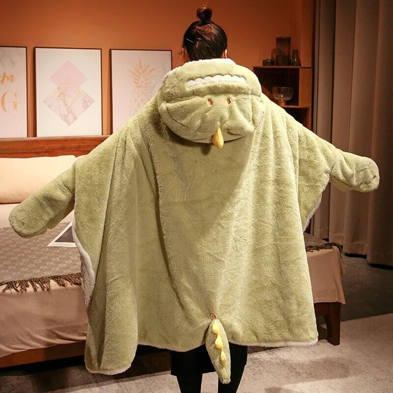 Black Cat Green Dino Plush Cape Hoodie Blanket-Enchanted peach