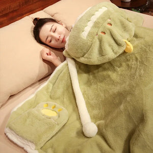 Black Cat Green Dino Plush Cape Hoodie Blanket-Enchanted peach