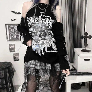 Black Gothic Harajuku Anime Off-Shoulder Long Sleeve Tee-Enchanted peach