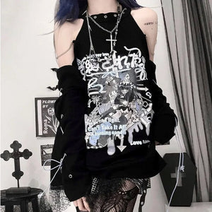 Black Gothic Harajuku Anime Off-Shoulder Long Sleeve Tee-Enchanted peach