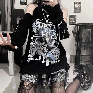 Black Gothic Harajuku Anime Off-Shoulder Long Sleeve Tee-Enchanted peach