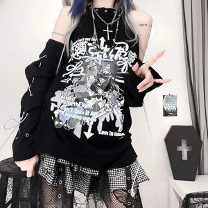 Black Gothic Harajuku Anime Off-Shoulder Long Sleeve Tee-Enchanted peach