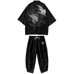 Black Japanese Crane Mens Two-Piece Kimono Yukata Top & Pants Sets-Enchanted peach