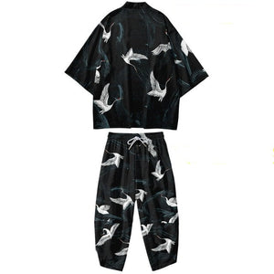 Black Japanese Crane Mens Two-Piece Kimono Yukata Top & Pants Sets-Enchanted peach