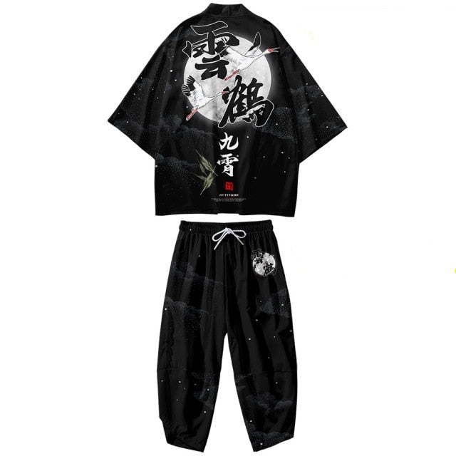 Black Japanese Crane Mens Two-Piece Kimono Yukata Top & Pants Sets-Enchanted peach